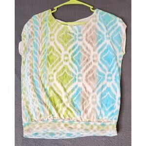 Chico's Multi Color Ikat Short Sleeve Sheer Lined Round Neck Blouse Top Sz 1 (M)